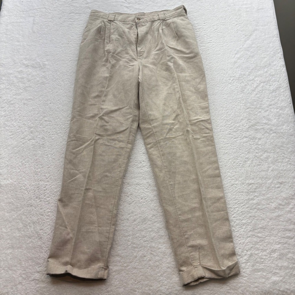 Savane Mens Tan Linen Blend Pleated Cuffed Trousers Pants 34x32
